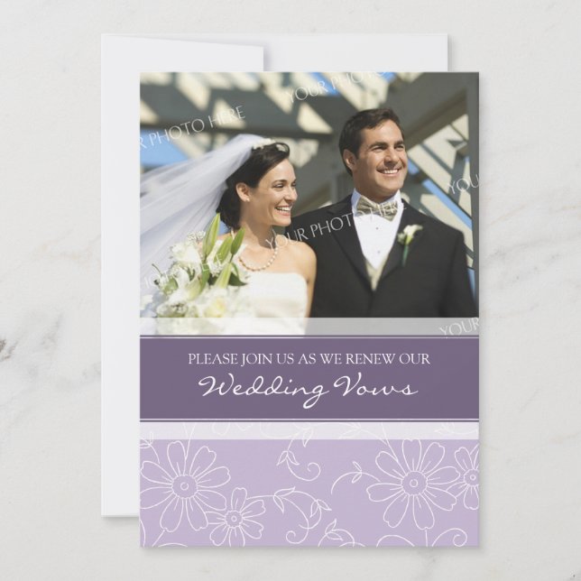 Purple White Photo Wedding Vow Renewal Invitations (Front)