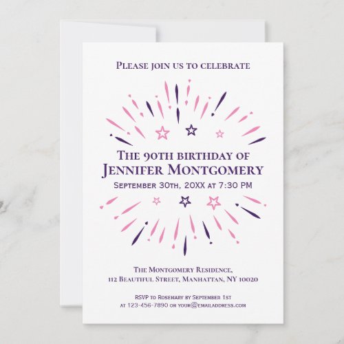 Purple White Pink 90th Birthday Party Fireworks Invitation