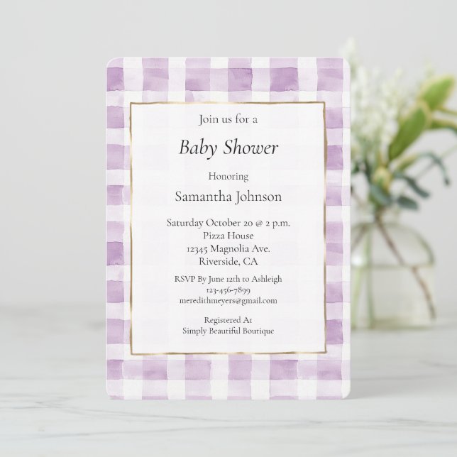 Purple White Plaid Stripes Baby Shower Invitation (Standing Front)