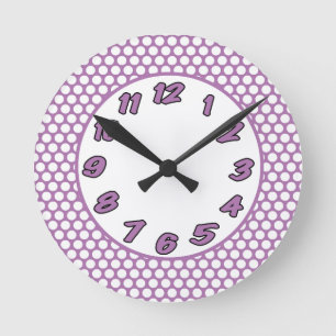 Purple & White Polka Dots Round Clock