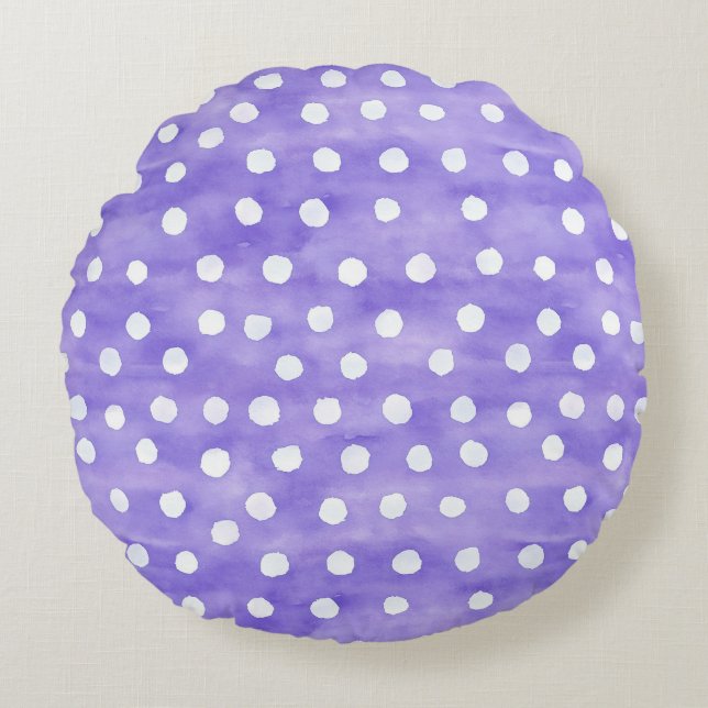 Purple White Polka Dots Round Pillow (Front)