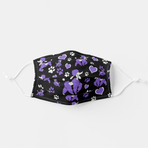 Purple White Poodle Pattern on Black Background Adult Cloth Face Mask