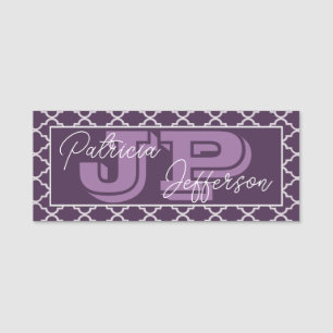Purple White Quatrefoil Pattern Monogram Name Tag