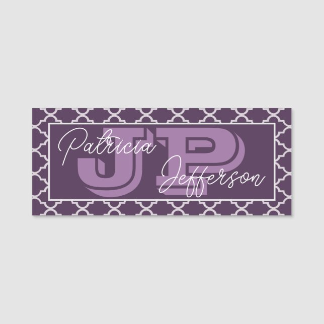 Purple White Quatrefoil Pattern Monogram Name Tag (Front)