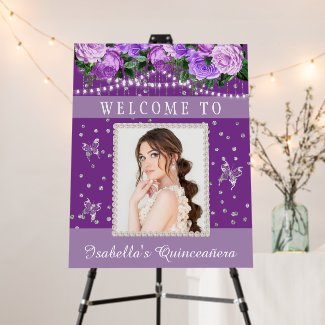 Purple White Quinceañera Photo Pearls Welcome  