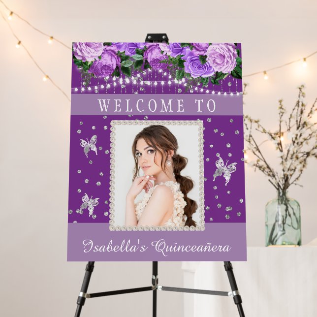 Purple White Quinceañera Photo Pearls Welcome   Foam Board (In Situ (Stand))