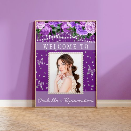 Purple White Quinceaera Photo Pearls Welcome   Poster