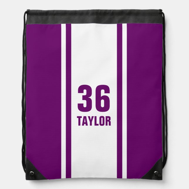 Purple & White Race Stripe Monogram Drawstring Bag (Front)