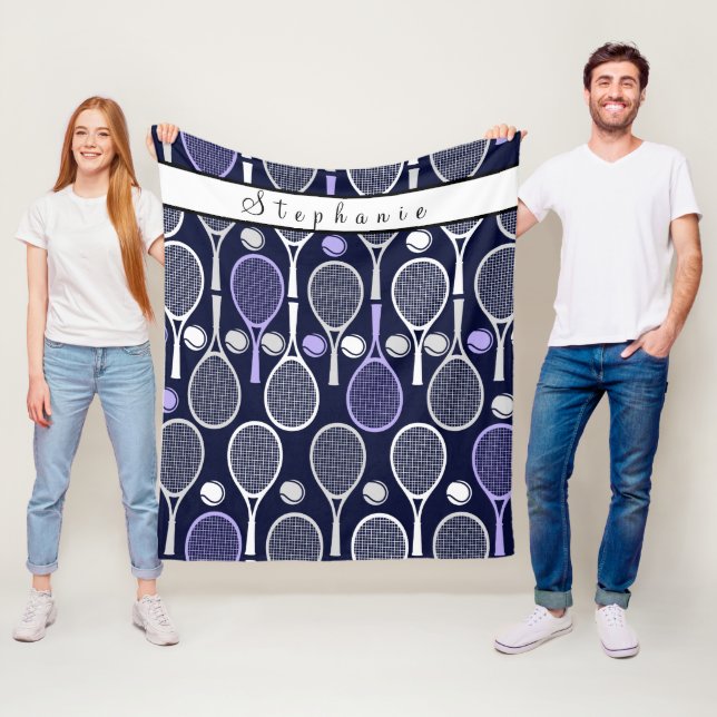 Purple White Rackets Girl Tennis Cute Personalized Fleece Blanket (In Situ)