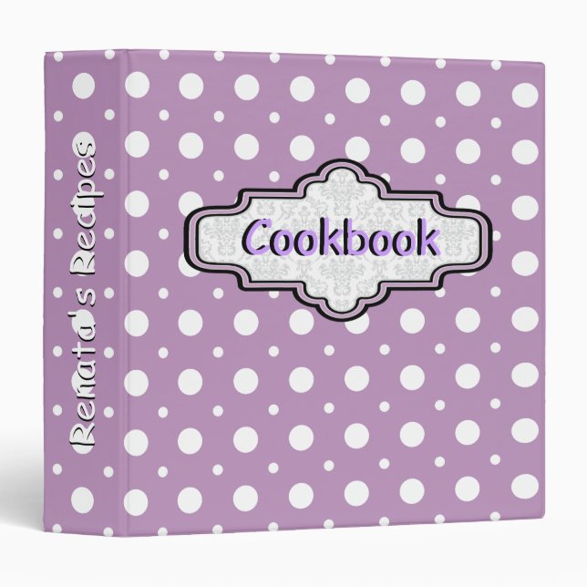 Purple, white retro polka dot pattern cute recipe 3 ring binder (Front/Spine)