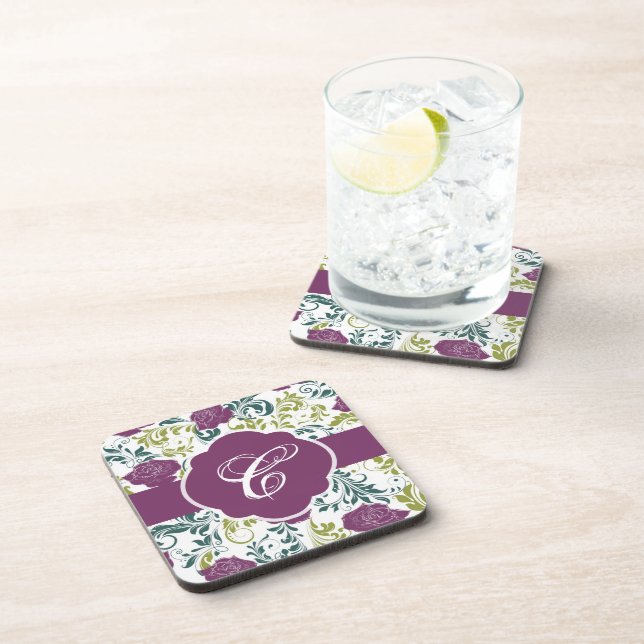 Purple & White Retro Style Roses Pattern Monogram Drink Coaster (Right Side)
