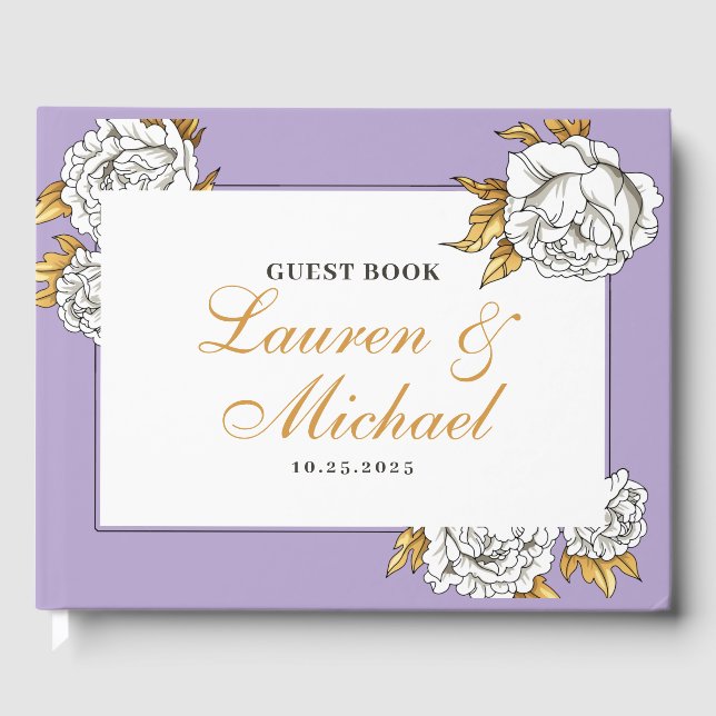 Purple White Rose Carnation Spring Floral Wedding Guest Book (Front)