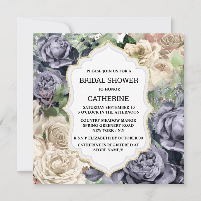 Purple white rose flower elegant vintage frame invitation (Front)