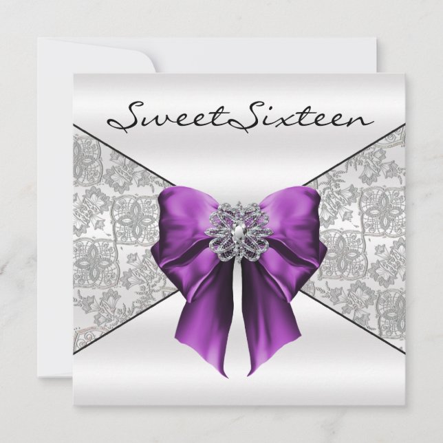 Purple White Satin  Damask Sweet Sixteen Invitation (Front)