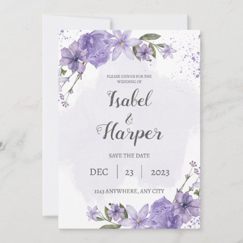 Purple White Save the Date Invitation card