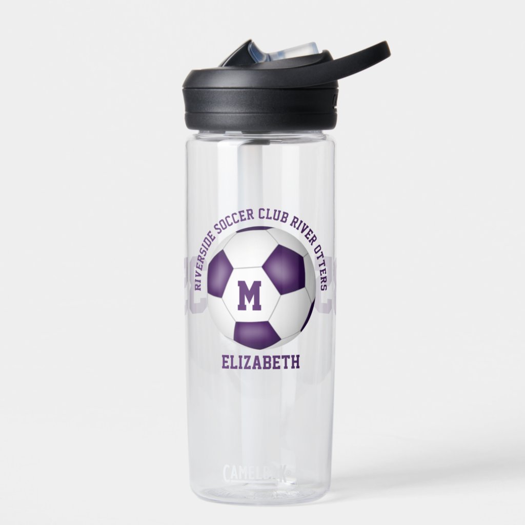 Purple white school club colors custom soccer water bottle