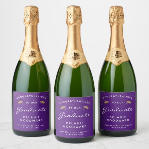 Purple White Script Gold Cap Graduation Sparkling Wine Label