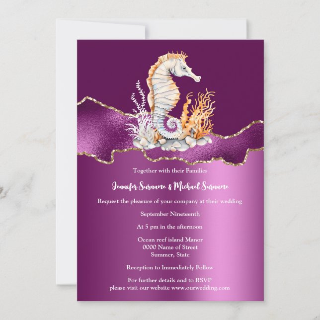 Purple white seahorse beach glitter gold nautical invitation (Front)
