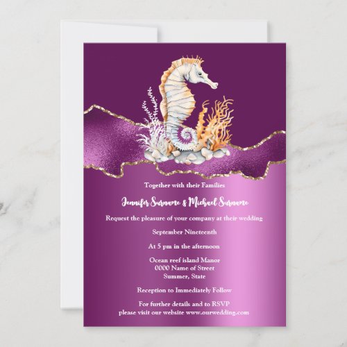 Purple white seahorse beach glitter gold nautical invitation