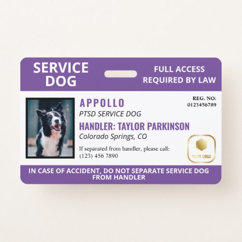 Purple White Service Dog Logo  Photo ID Badge