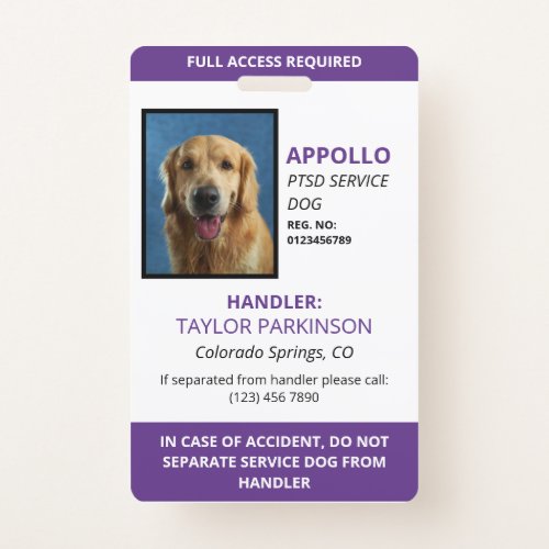 Purple White Service Dog Photo ID Badge