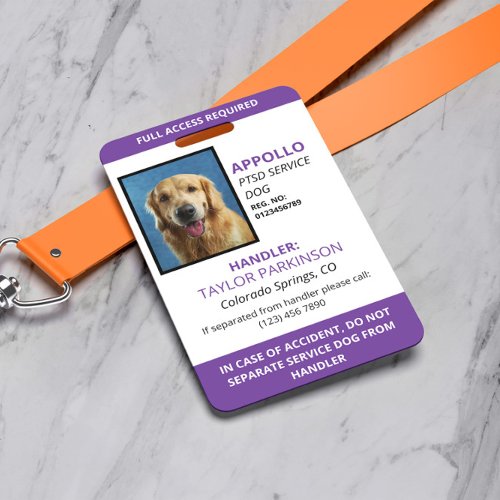 Purple White Service Dog Photo ID Badge