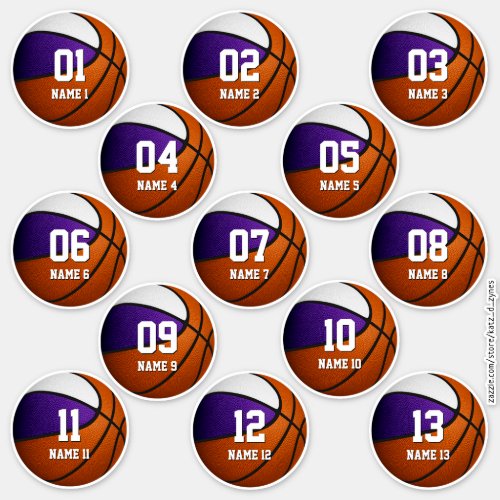 purple white set of 13 kids basketball team gifts sticker