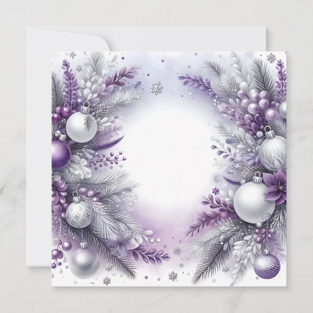 Purple, White, & Silver Christmas Ornaments  Holiday Card (Front)