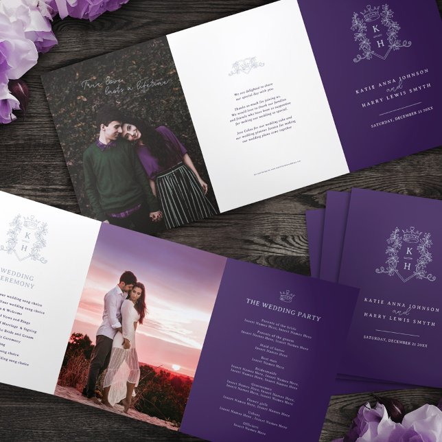 Purple white silver photo crown monogram wedding Tri-Fold program (Creator Uploaded)