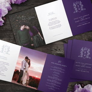 Purple white silver photo crown monogram wedding Tri-Fold program
