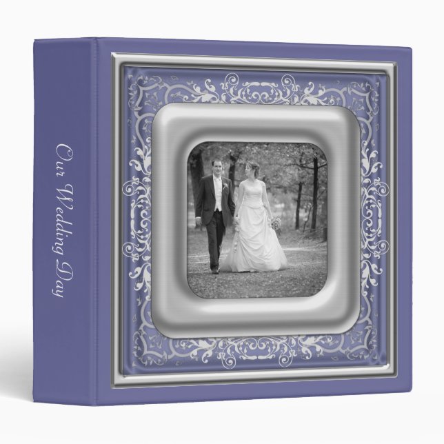 Purple, White & Silver Photo Frame Wedding Album 3 Ring Binder (Front/Spine)