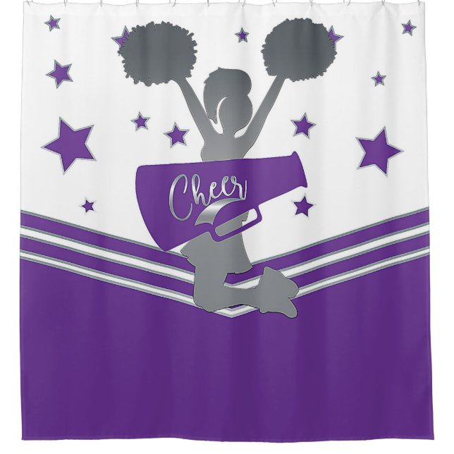 Purple White Silver Stars Cheer Cheer-leading Shower Curtain (Front)
