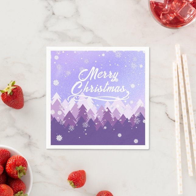 Purple White Snow Peaceful Forest Merry Christmas Napkins (Insitu)