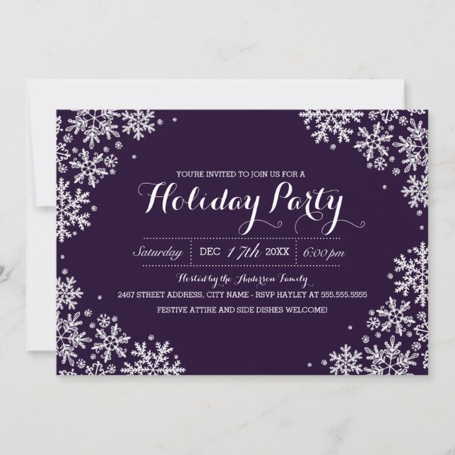 Purple & White Snowflake Holiday Party Invite (Front)
