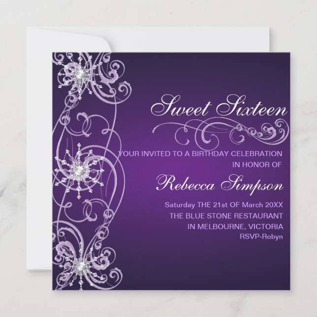 Purple & White Snowflake Sweet 16 Birthday Invite (Front)