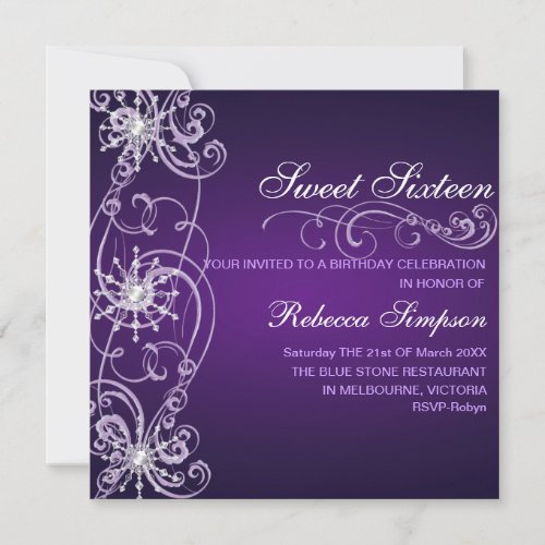 Purple &amp; White Snowflake Sweet 16 Birthday Invite