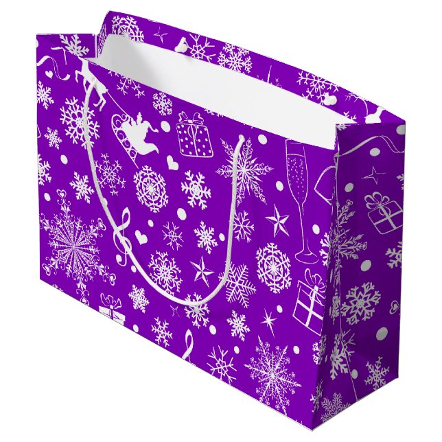Purple White Snowflakes Christmas Icons Holiday Large Gift Bag (Back Angled)