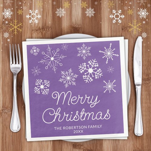 Purple White Snowflakes Christmas Party Paper Dinner Napkins