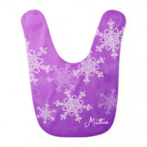 Purple White Snowflakes Minimalist Christmas Name Baby Bib