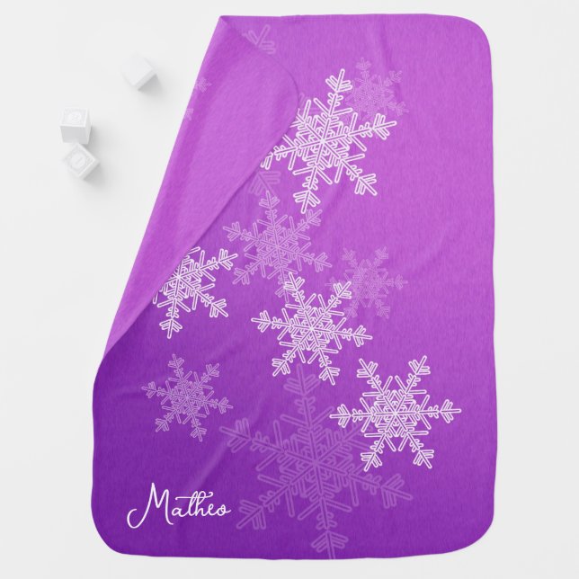 Purple White Snowflakes Minimalist Christmas Name Baby Blanket (In Situ)
