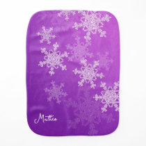 Purple White Snowflakes Minimalist Christmas Name Baby Burp Cloth