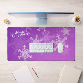 Purple White Snowflakes Minimalist Christmas Name Desk Mat