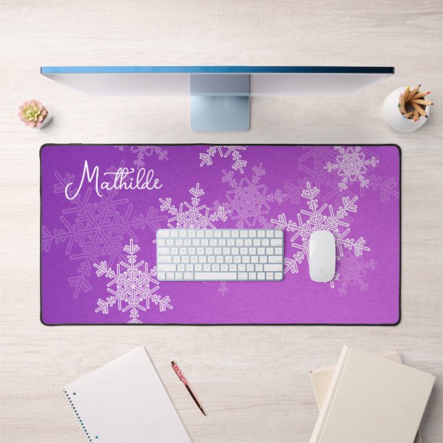 Purple White Snowflakes Minimalist Christmas Name Desk Mat (Office 1)