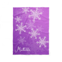 Purple White Snowflakes Minimalist Christmas Name Fleece Blanket