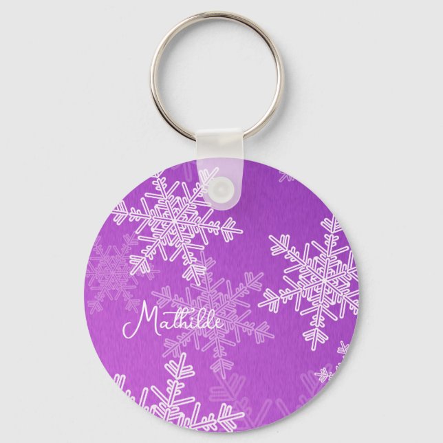 Purple White Snowflakes Minimalist Christmas Name Keychain (Front)