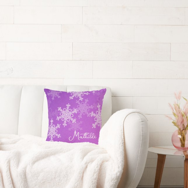 Purple White Snowflakes Minimalist Christmas Name Throw Pillow (Couch)