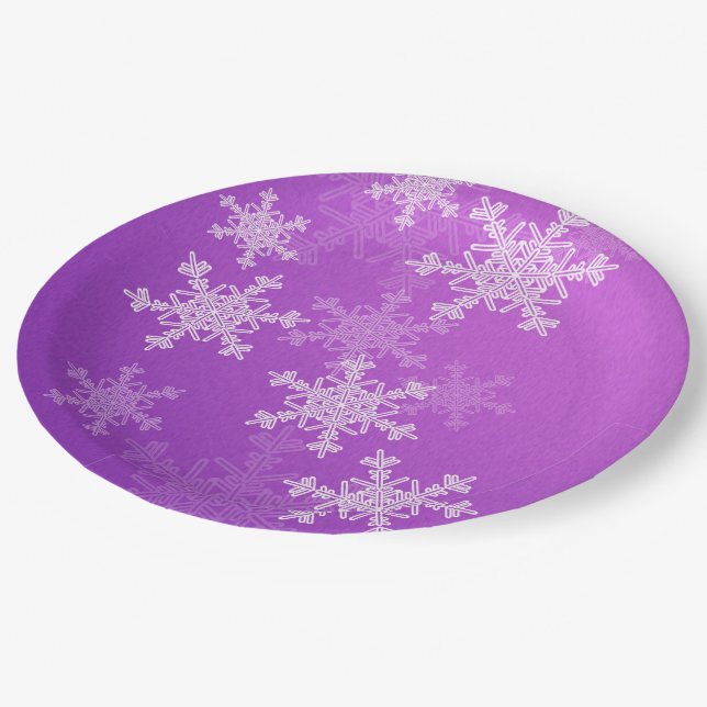 Purple White Snowflakes Minimalist Christmas Paper Plates (Angled)