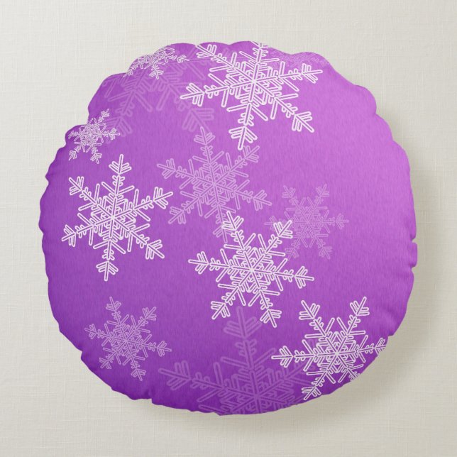 Purple White Snowflakes Minimalist Christmas Round Pillow (Front)