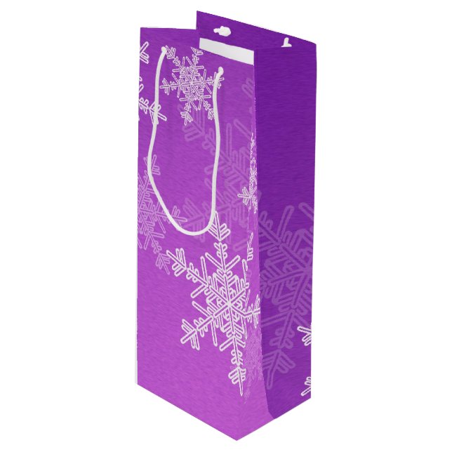 Purple White Snowflakes Minimalist Christmas Wine Gift Bag (Front Angled)