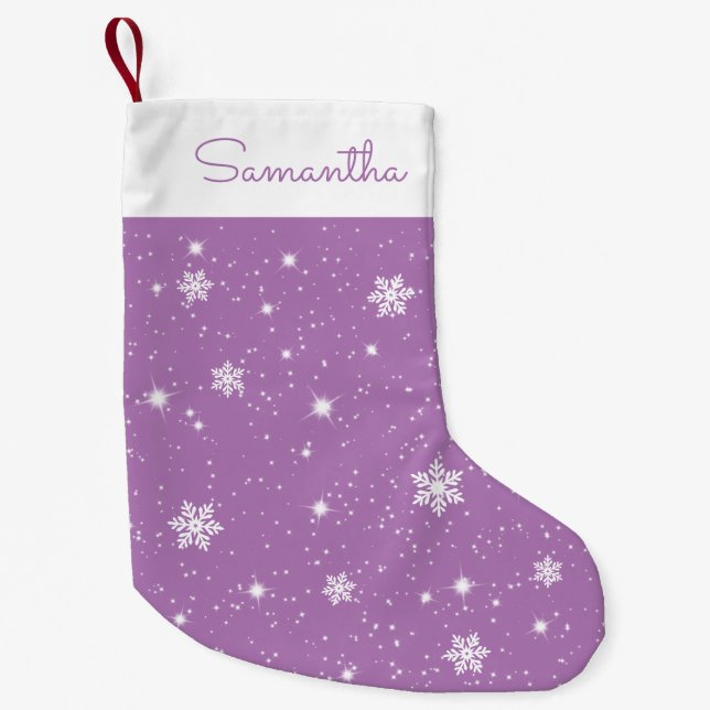 Purple White Snowflakes Stars Pattern with Name Small Christmas Stocking (Front)